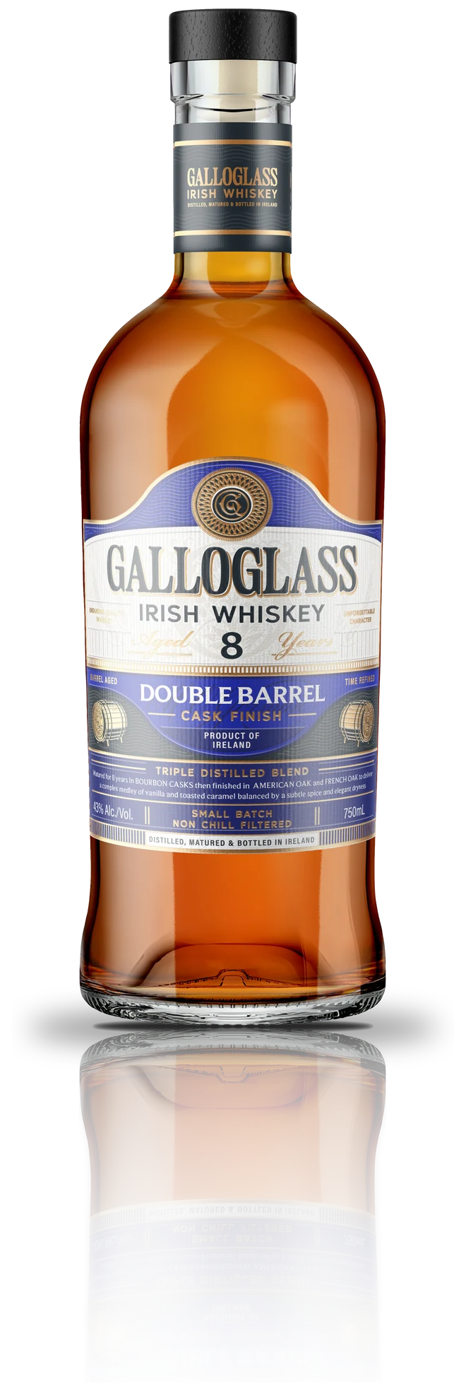 Galloglass 8 Year Double Barrel Cask Finish, 750mL bottle with blue label