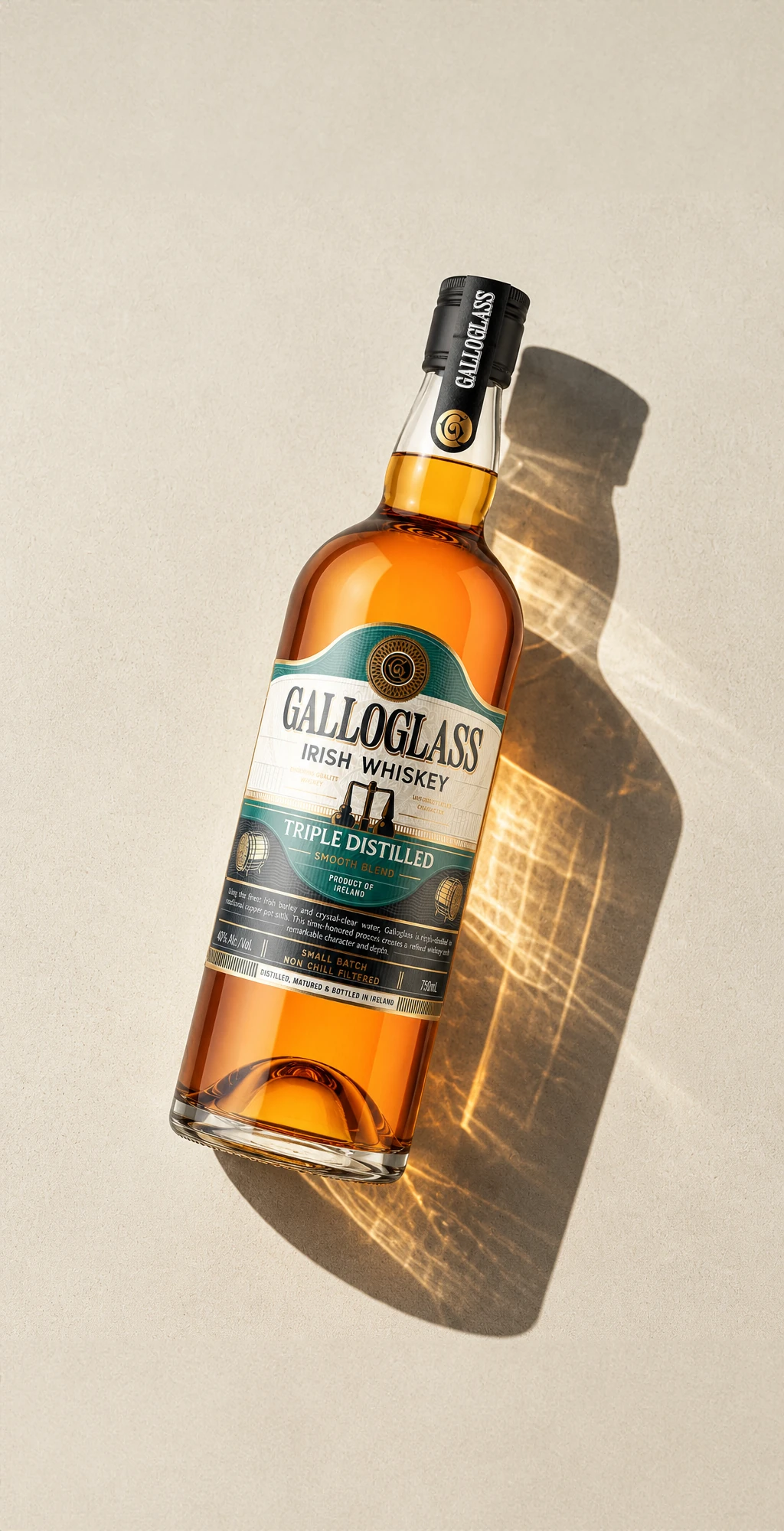 Galloglass Triple Distilled bottle lying in sunlight